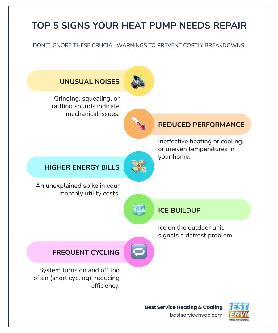 Infographic showing the top 5 signs your heat pump needs repair: unusual noises like grinding or squealing, reduced heating or cooling performance, unexplained spikes in energy bills, ice buildup on outdoor coils, and frequent on-off cycling - heat pump repair in columbus oh infographic infographic-line-5-steps-colors