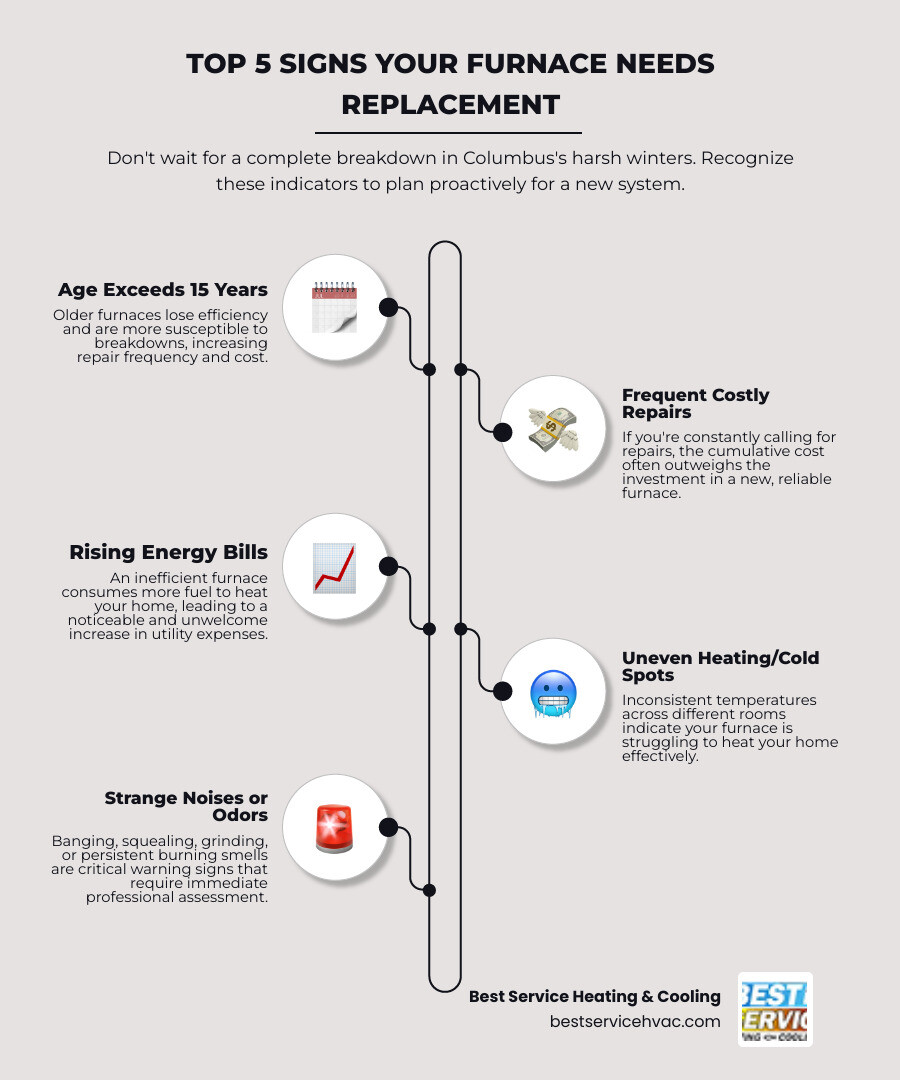Infographic showing the top 5 signs your furnace needs replacement: age over 15 years, frequent costly repairs, rising energy bills, uneven heating throughout home, and strange noises or burning smells - furnace installation technician in columbus, oh infographic infographic-line-5-steps-elegant_beige Infographic showing the top 5 signs your furnace needs replacement: age over 15 years, frequent costly repairs, rising energy bills, uneven heating throughout home, and strange noises or burning smells - furnace installation technician in columbus, oh infographic infographic-line-5-steps-elegant_beige