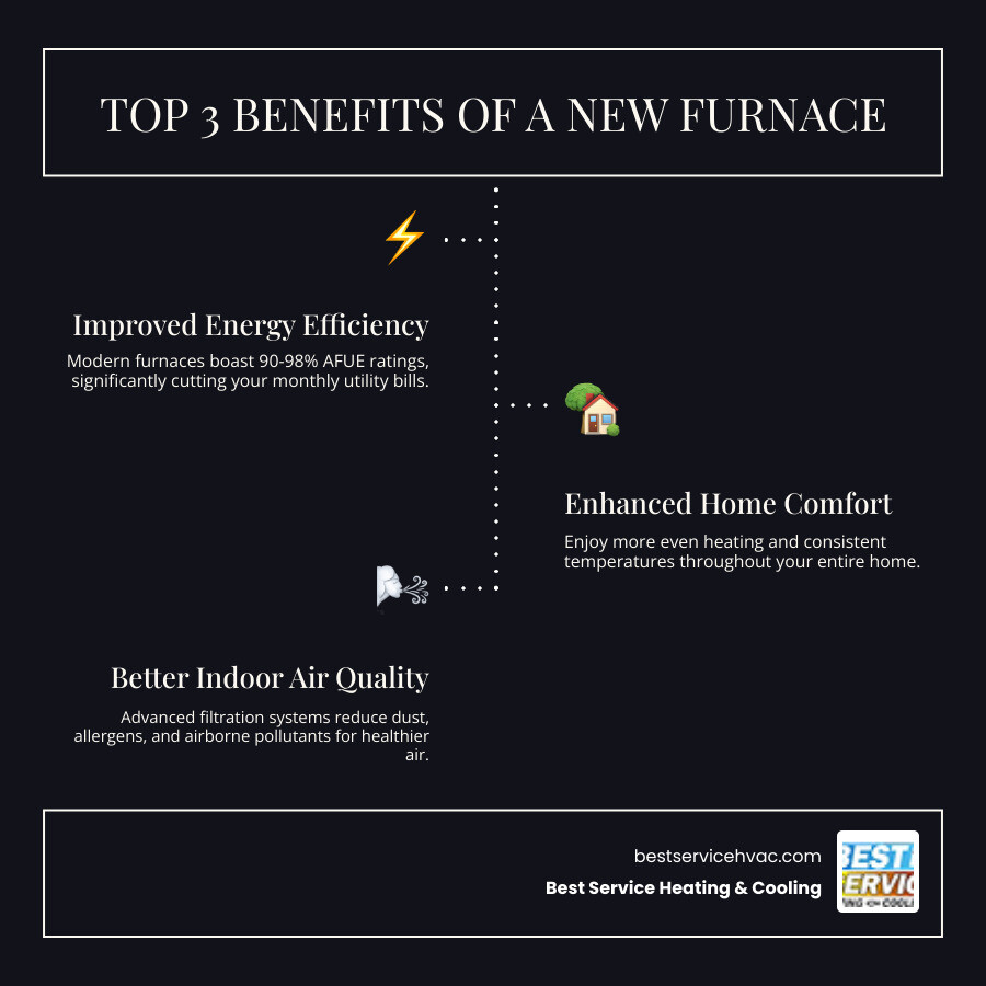 infographic showing three main benefits of new furnace installation: improved energy efficiency with 90-98% AFUE ratings reducing monthly bills, enhanced home comfort through even heating and consistent temperatures, and better indoor air quality with advanced filtration reducing dust and allergens - affordable furnace installation in columbus, oh infographic infographic-line-3-steps-dark infographic showing three main benefits of new furnace installation: improved energy efficiency with 90-98% AFUE ratings reducing monthly bills, enhanced home comfort through even heating and consistent temperatures, and better indoor air quality with advanced filtration reducing dust and allergens - affordable furnace installation in columbus, oh infographic infographic-line-3-steps-dark