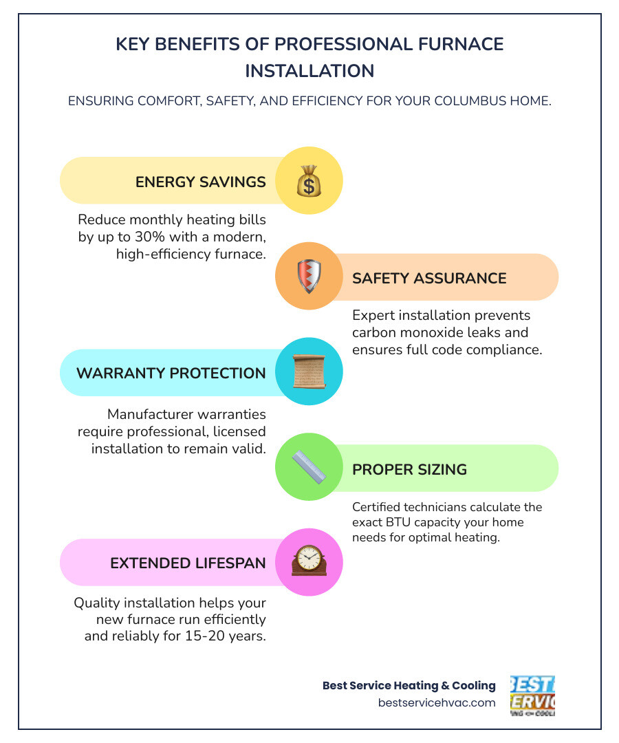 Infographic showing the key benefits of professional furnace installation including improved efficiency, enhanced safety, warranty protection, proper sizing for Columbus climate, and long-term cost savings - furnace installation in columbus oh infographic infographic-line-5-steps-colors Infographic showing the key benefits of professional furnace installation including improved efficiency, enhanced safety, warranty protection, proper sizing for Columbus climate, and long-term cost savings - furnace installation in columbus oh infographic infographic-line-5-steps-colors