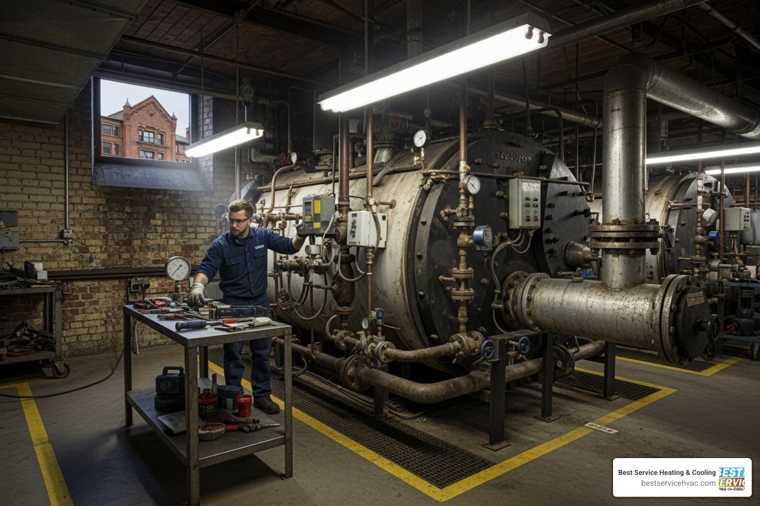 infographic showing four key benefits of regular boiler maintenance: improved efficiency circle with flame icon, increased safety circle with shield icon, extended lifespan circle with clock icon, and lower operational costs circle with dollar sign icon, all connected around a central boiler illustration - boiler maintenance in downtown columbus oh infographic showing four key benefits of regular boiler maintenance: improved efficiency circle with flame icon, increased safety circle with shield icon, extended lifespan circle with clock icon, and lower operational costs circle with dollar sign icon, all connected around a central boiler illustration - boiler maintenance in downtown columbus oh