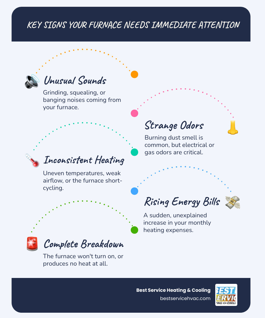 infographic showing key warning signs a furnace needs immediate repair including strange noises, unusual odors, rising energy bills, uneven heating throughout the home, furnace cycling too frequently, weak airflow, and complete heating failure - furnace repair in downtown columbus oh infographic infographic-line-5-steps-blues-accent_colors