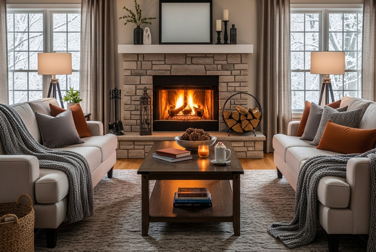 cozy, warm living room in a Dublin, OH home during winter - furnace repair in dublin oh