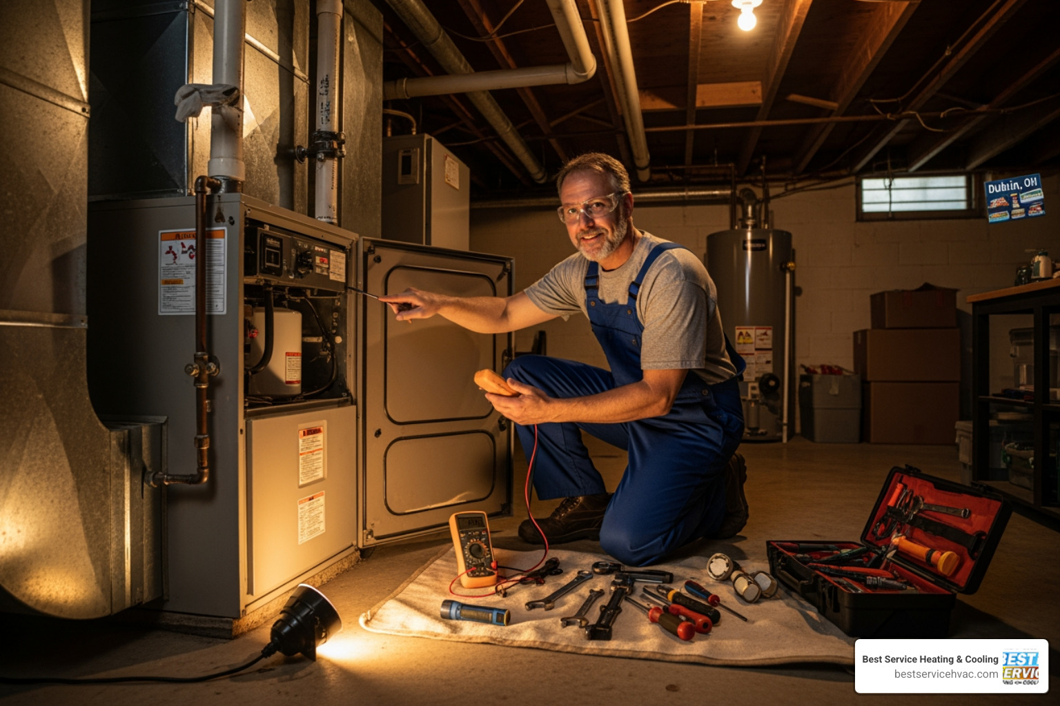 Infographic explaining the top 5 warning signs your furnace needs professional repair: strange noises like banging or grinding, unusual smells such as burning or gas odors, insufficient or uneven heating throughout the home, frequent on-off cycling, and visible issues like yellow pilot light flames or rust on the unit - furnace repair in dublin oh