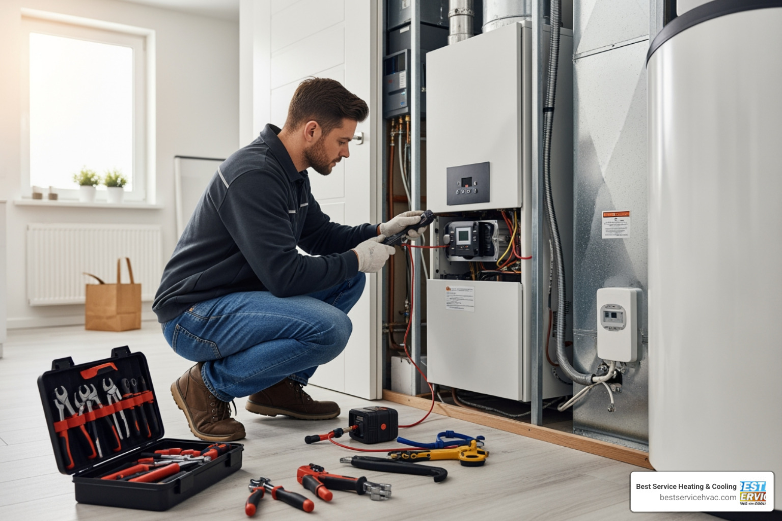 Infographic showing heating installation timeline: Day 1 - Initial assessment and Manual J load calculation, Day 2 - Equipment removal and preparation, Day 3 - New system installation and ductwork connection, Day 4 - Testing, calibration, and homeowner walkthrough - heating installation in dublin oh