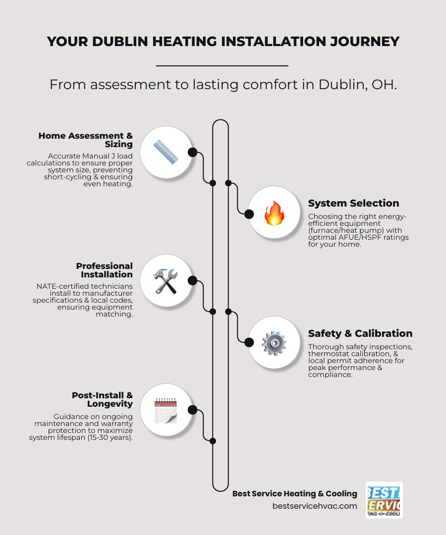 infographic showing the heating installation journey from home assessment through load calculation, system selection, professional installation, safety inspection, and ongoing maintenance with typical timelines and key decision points at each stage - best heating installation in dublin, oh infographic infographic-line-5-steps-elegant_beige