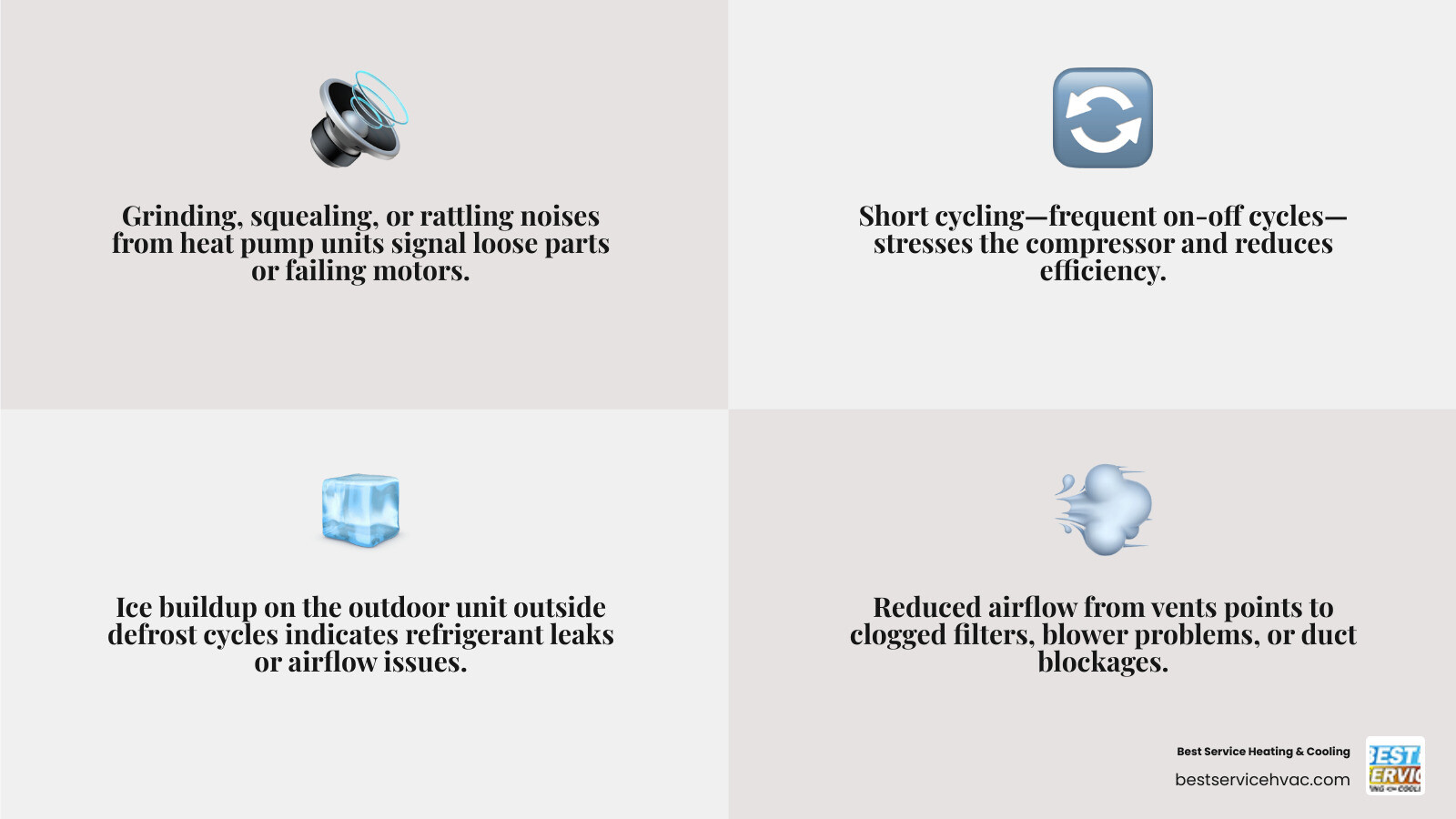 Infographic showing common heat pump warning signs and repair steps for Columbus OH homeowners - heat pump repair services