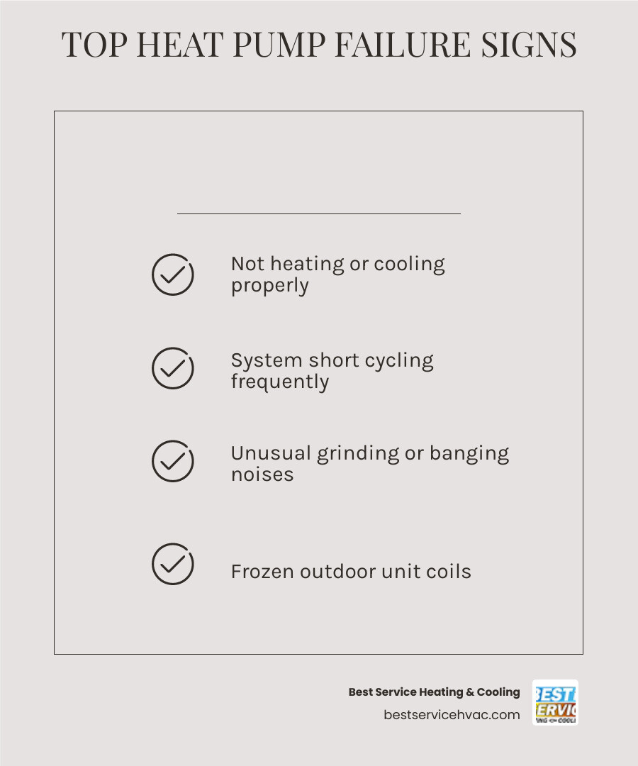 Infographic showing top signs of heat pump failure and when to call a repair technician in Powell OH - heat pump repair in