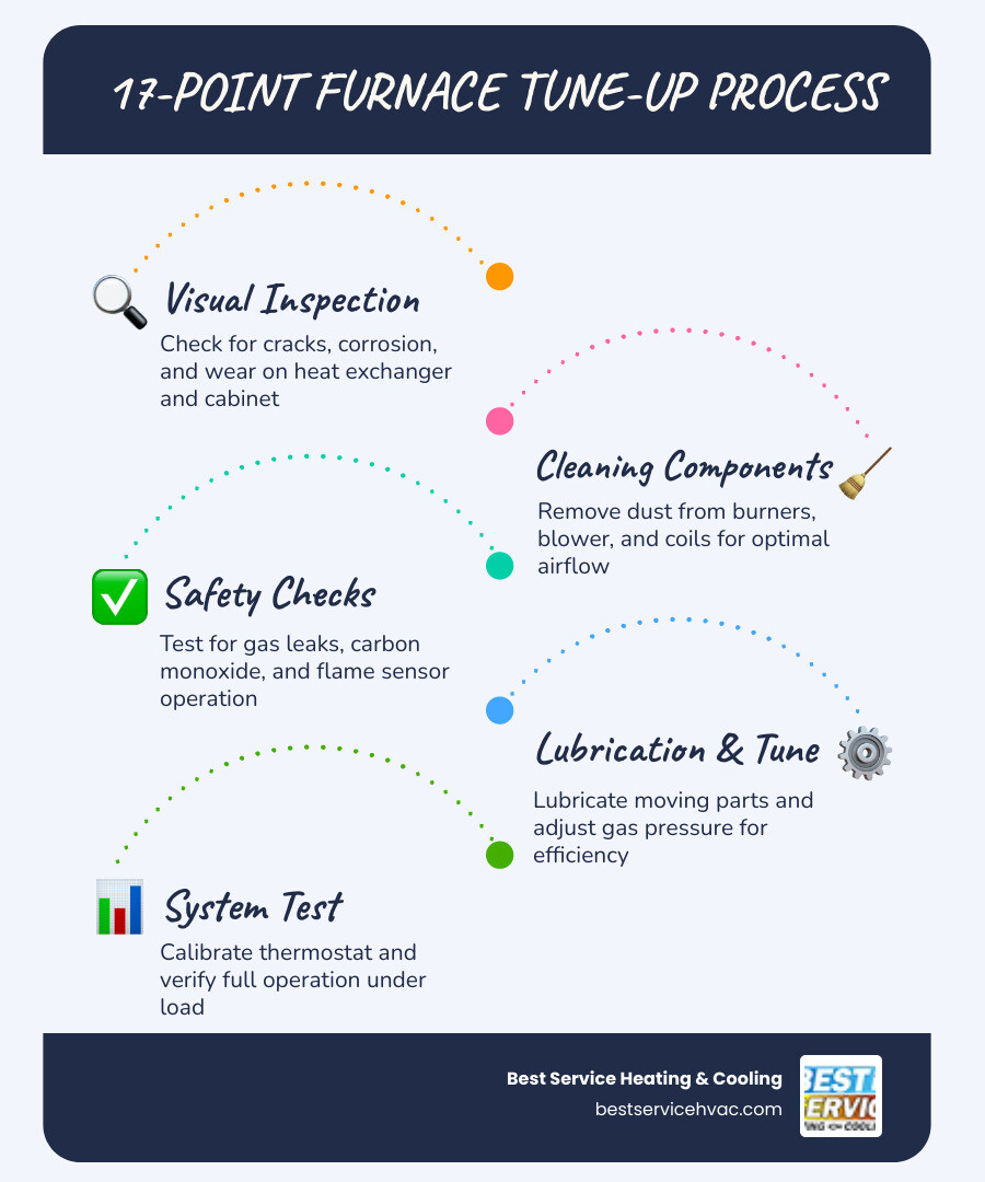 Infographic showing the 17-point furnace tune-up process with key steps and benefits for Dublin OH homeowners - furnace Infographic showing the 17-point furnace tune-up process with key steps and benefits for Dublin OH homeowners - furnace