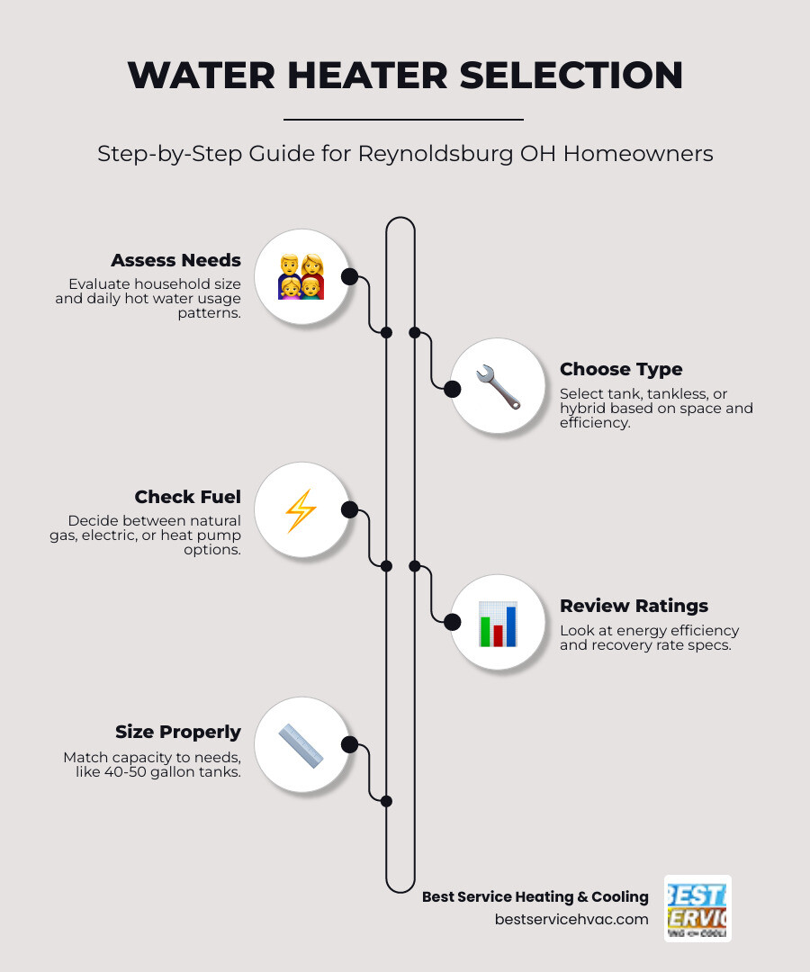 Infographic showing water heater selection process steps for Reynoldsburg OH homeowners - water heater installation in Infographic showing water heater selection process steps for Reynoldsburg OH homeowners - water heater installation in
