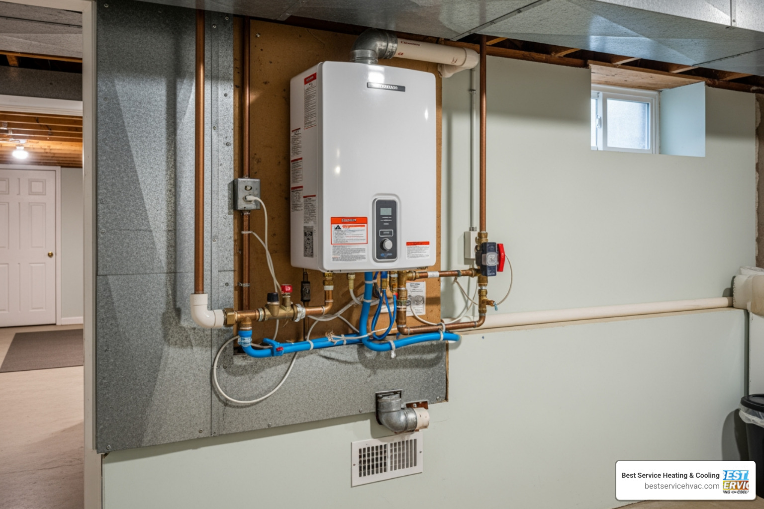 Modern tankless water heater unit mounted on a basement wall in a Columbus home - water heater installation in osu oh