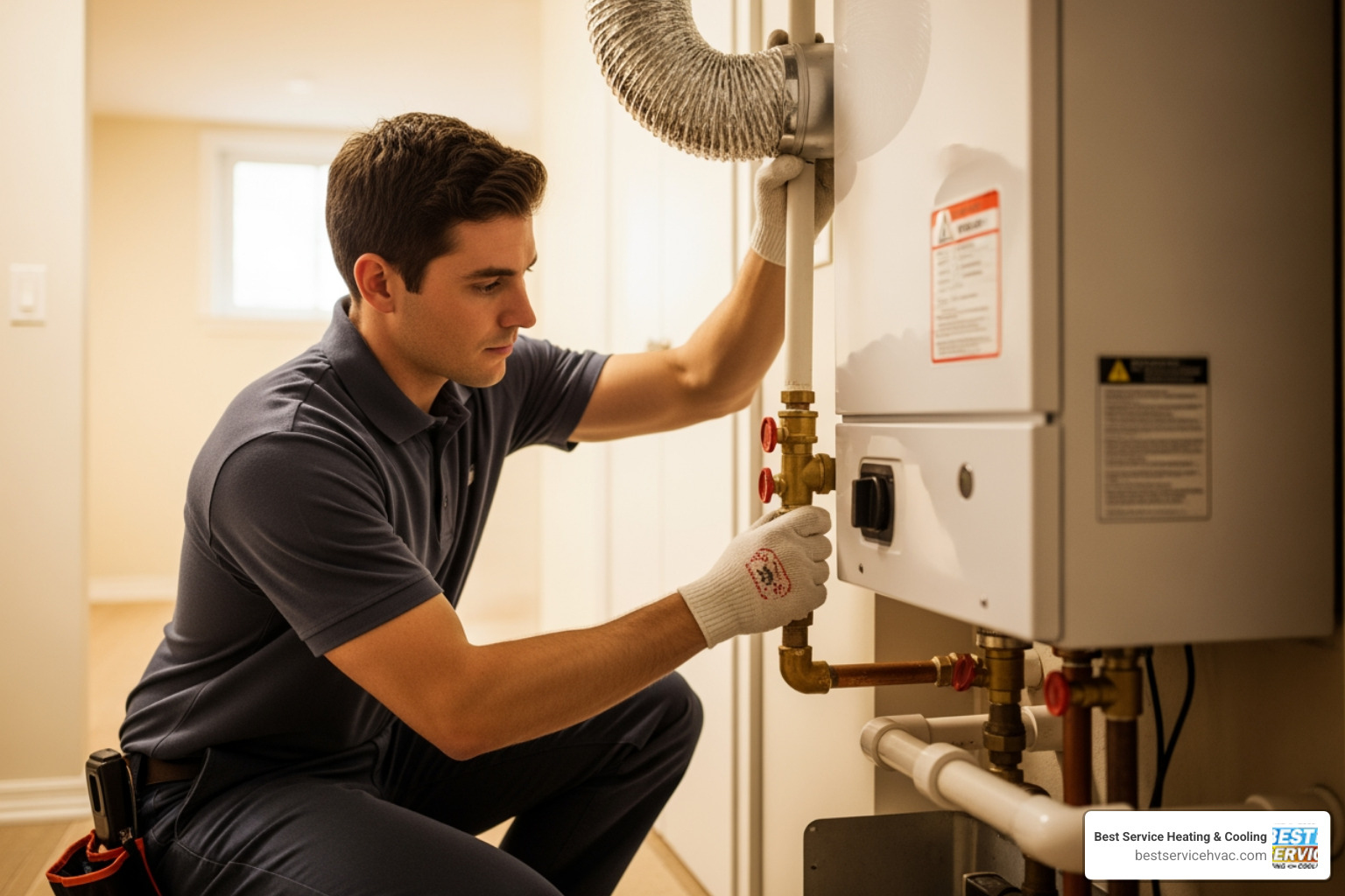 Professional technician in a clean uniform carefully installing a new gas water heater in a residential basement - water