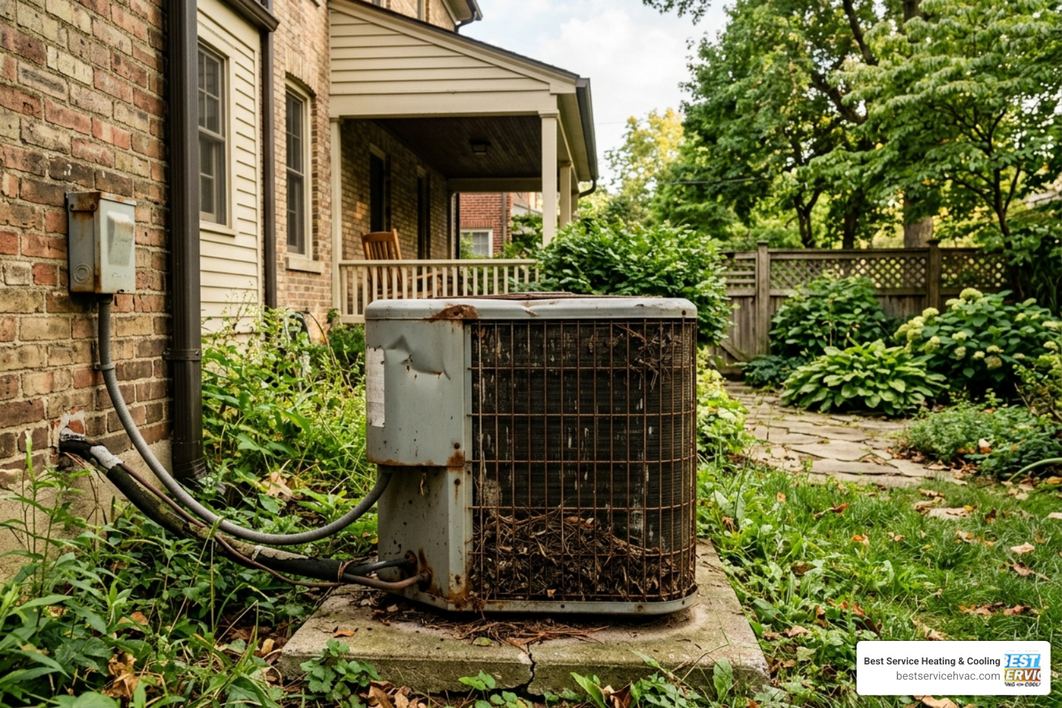 Outdoor air conditioning unit in a Bexley backyard showing signs of wear and debris - ac repair in bexley oh Outdoor air conditioning unit in a Bexley backyard showing signs of wear and debris - ac repair in bexley oh