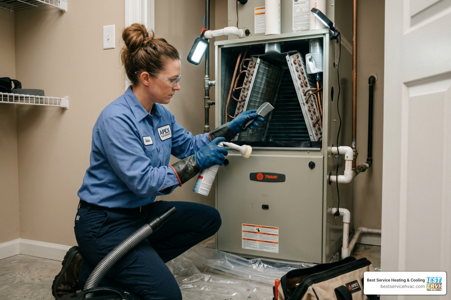 Technician carefully cleaning the internal coils of a central air conditioning unit - ac repair in bexley oh Technician carefully cleaning the internal coils of a central air conditioning unit - ac repair in bexley oh