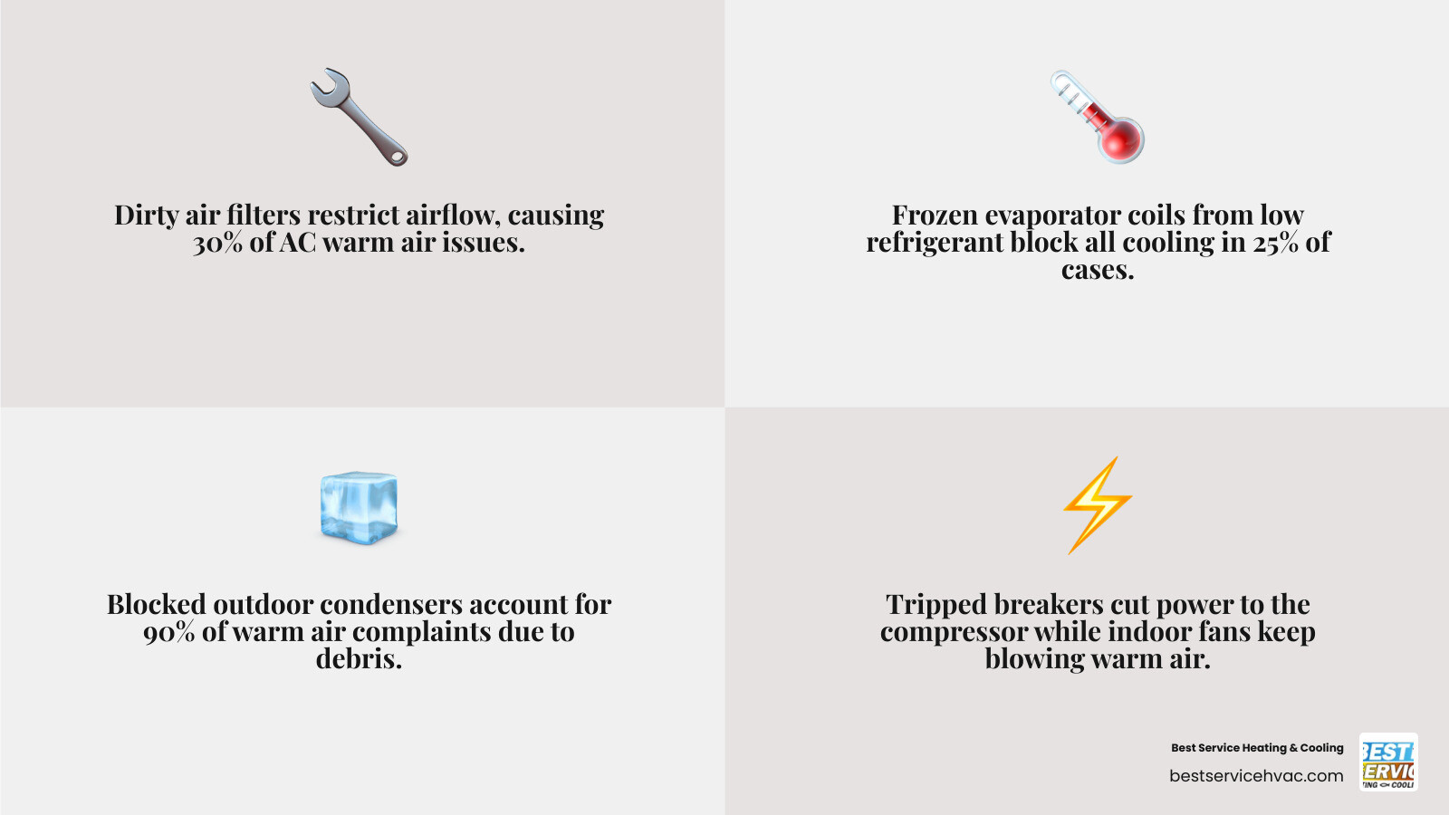 Infographic showing 8 common causes of AC blowing warm air with quick-check icons - why is my ac blowing warm air Infographic showing 8 common causes of AC blowing warm air with quick-check icons - why is my ac blowing warm air
