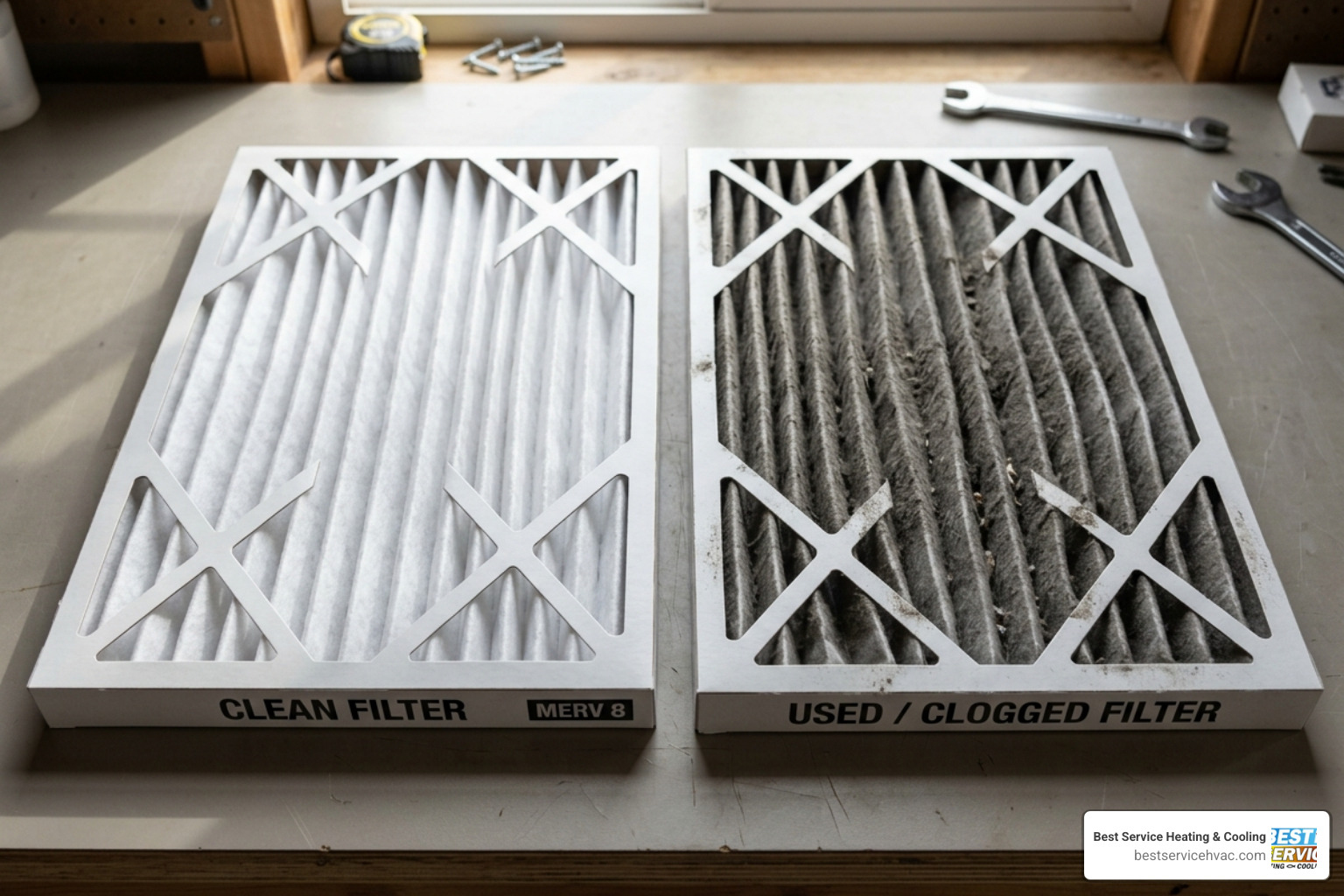 A side-by-side comparison of a clean white pleated air filter and a grey, dust-clogged filter - why is my ac blowing warm air A side-by-side comparison of a clean white pleated air filter and a grey, dust-clogged filter - why is my ac blowing warm air