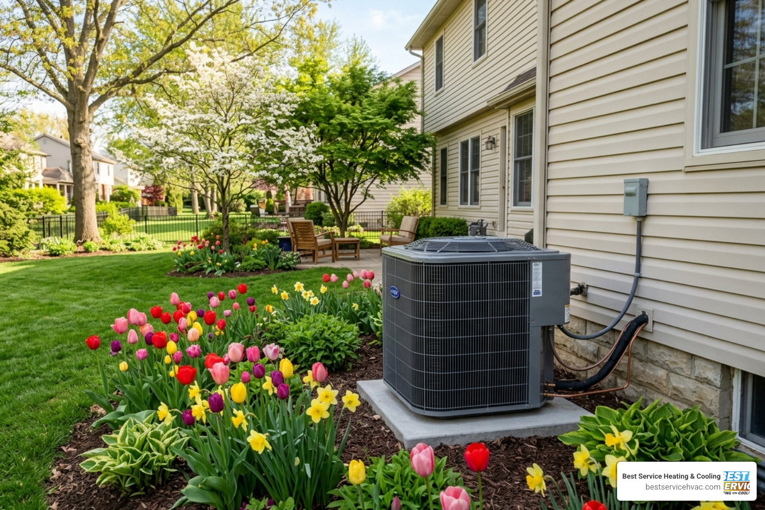 A clean HVAC condenser unit in a backyard with blooming spring flowers nearby - spring ac and hvac maintenance for central A clean HVAC condenser unit in a backyard with blooming spring flowers nearby - spring ac and hvac maintenance for central