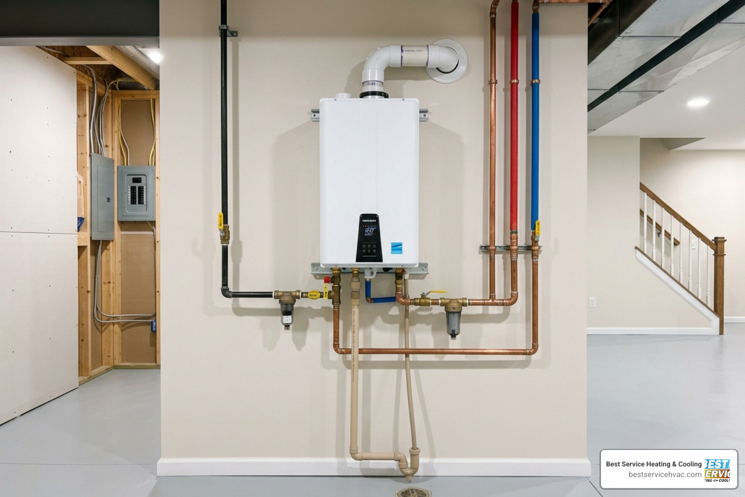 a high efficiency tankless water heater mounted on a clean basement wall with copper piping - tankless vs tank water heater
