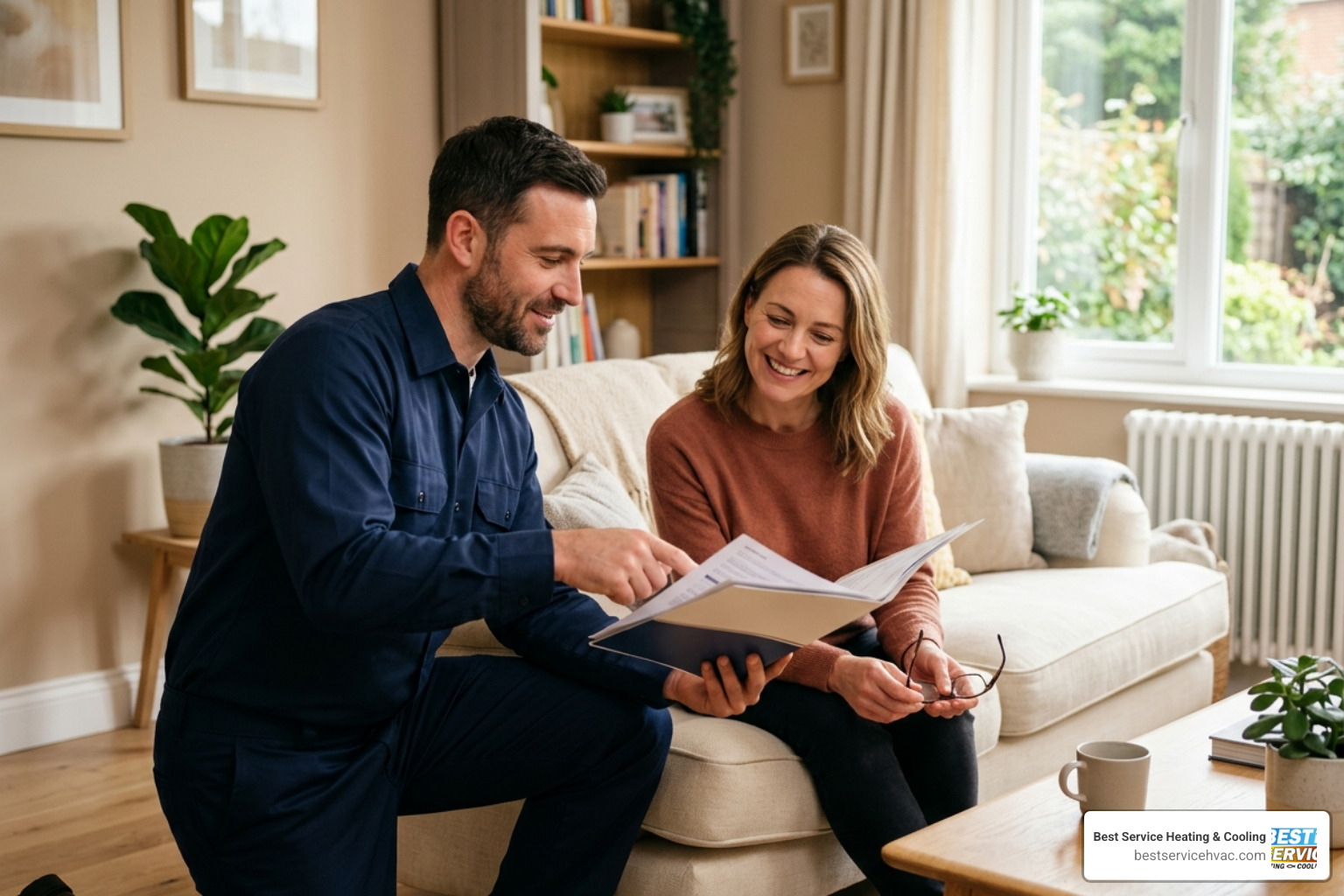 A friendly HVAC technician explaining a service plan to a homeowner in a bright living room setting - how family ownership