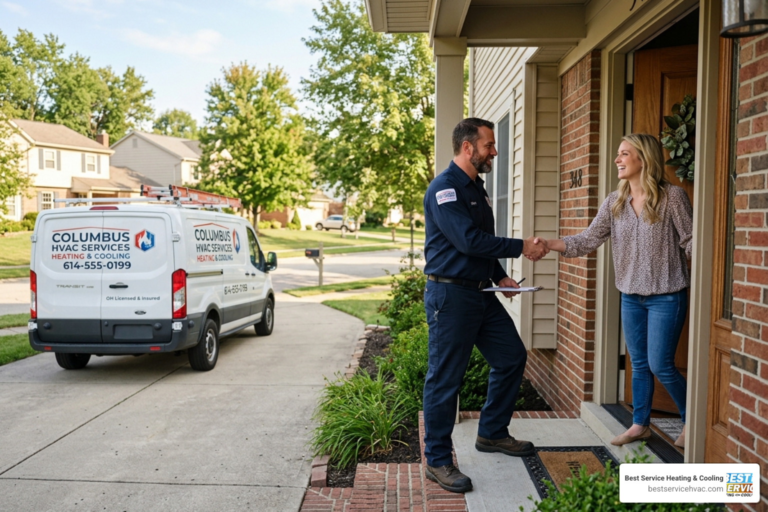 technician shaking hands with a homeowner in Columbus Ohio - benefits of choosing a 30 year family owned company