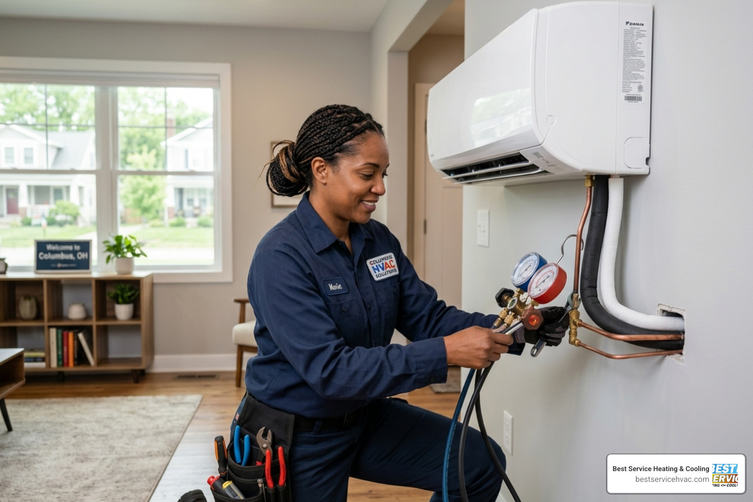 HVAC technician in Columbus OH inspecting indoor air handlers and refrigerant lines - central ac vs ductless mini split