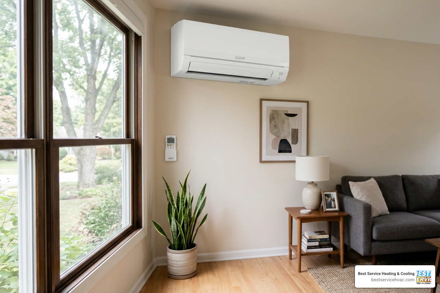 A professional installation of a sleek, white ductless indoor unit high on a residential wall - mini split vs central ac