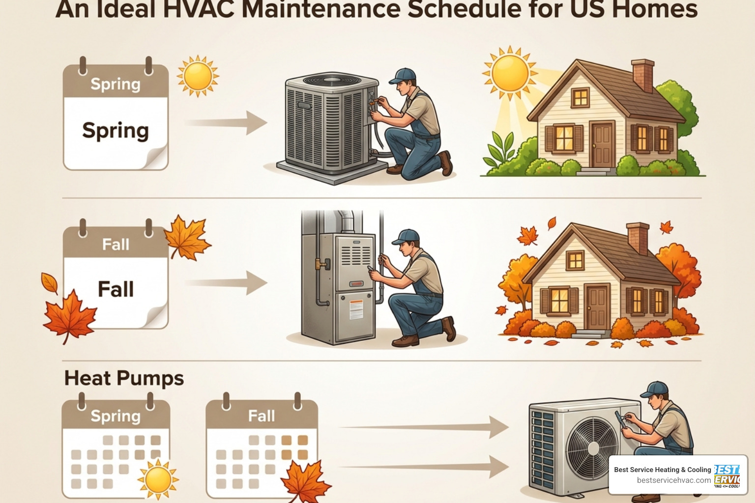Infographic showing ideal HVAC maintenance schedule: Spring AC tune-up, Fall furnace check, twice yearly for heat pumps Infographic showing ideal HVAC maintenance schedule: Spring AC tune-up, Fall furnace check, twice yearly for heat pumps