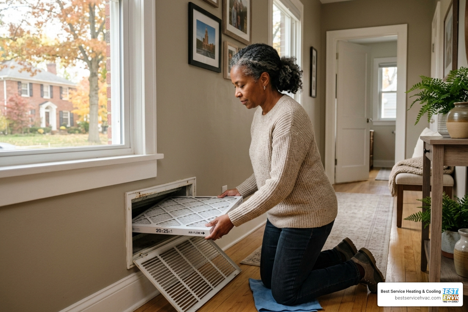 Homeowner in a Columbus home checking and replacing a pleated air filter in the HVAC return - spring hvac transition from Homeowner in a Columbus home checking and replacing a pleated air filter in the HVAC return - spring hvac transition from