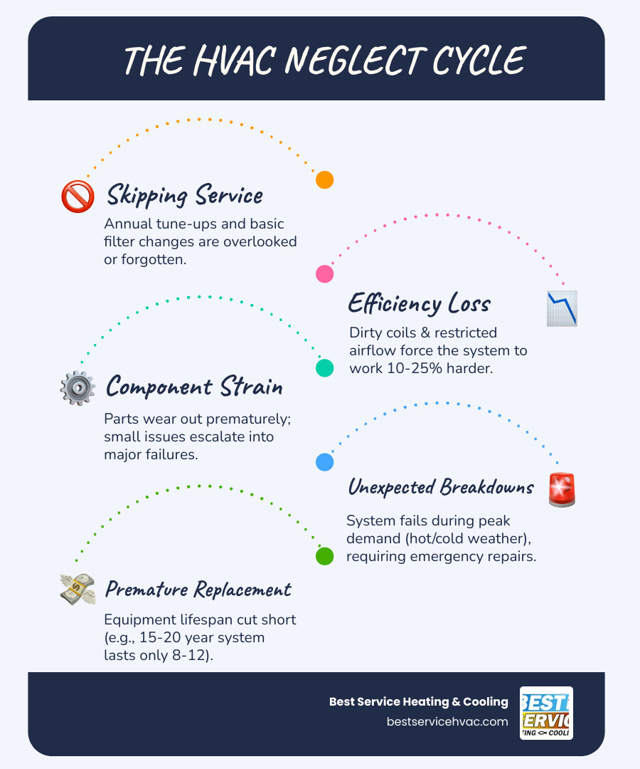 Infographic showing the HVAC maintenance vs. neglect cycle: clean system leads to efficiency and longevity, neglect leads to Infographic showing the HVAC maintenance vs. neglect cycle: clean system leads to efficiency and longevity, neglect leads to