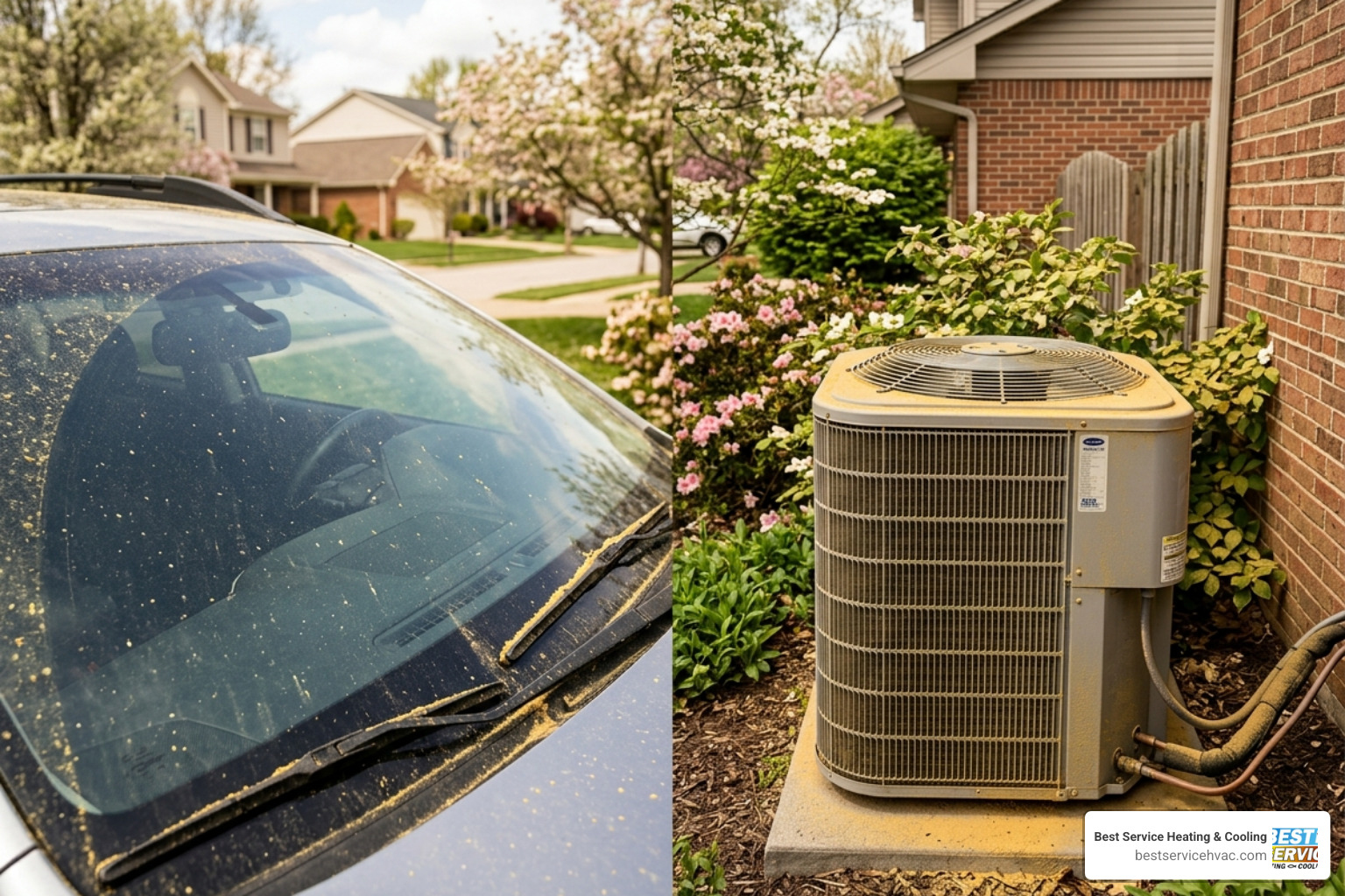 A close-up of a car windshield and outdoor HVAC unit covered in yellow spring pollen in April 2026 - spring air filter A close-up of a car windshield and outdoor HVAC unit covered in yellow spring pollen in April 2026 - spring air filter