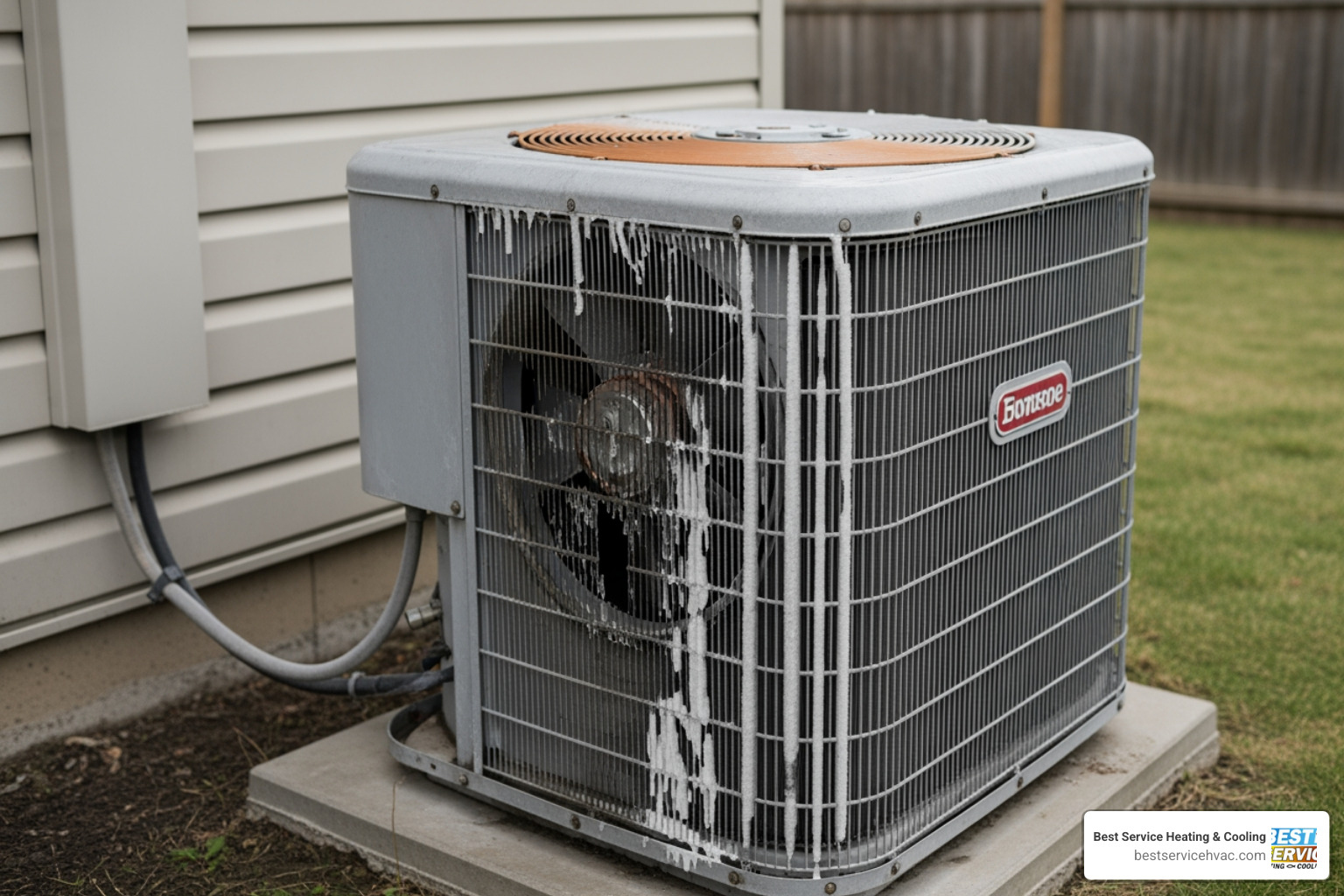 Frozen outdoor AC unit showing signs of compressor strain or failure Frozen outdoor AC unit showing signs of compressor strain or failure