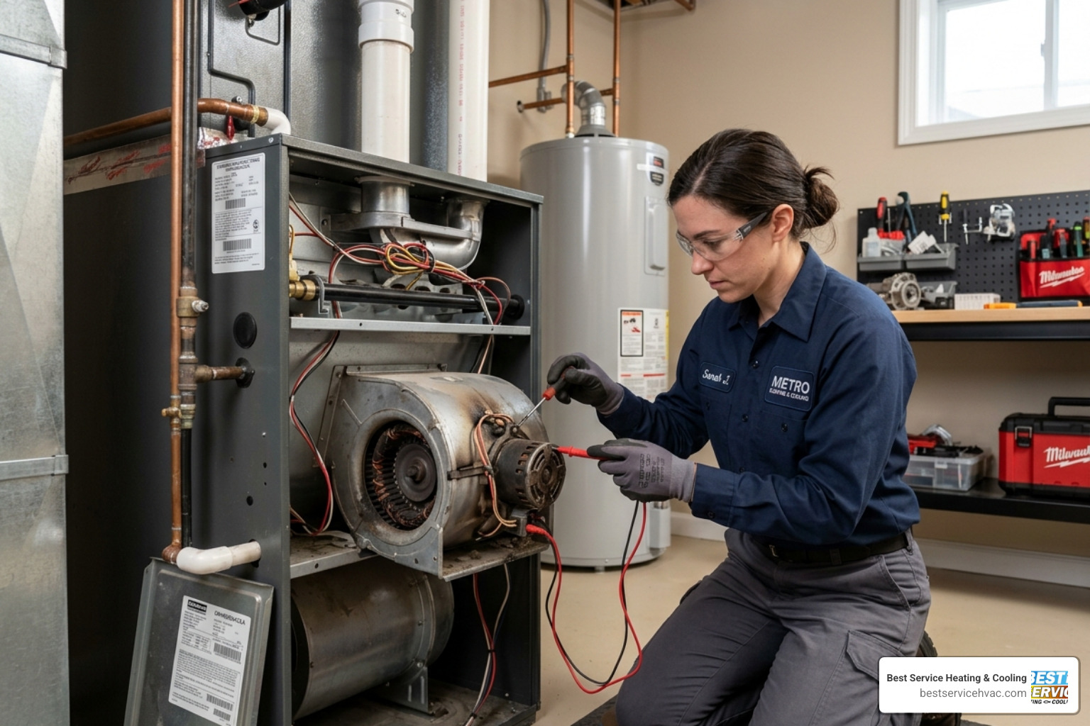 HVAC technician inspecting a damaged blower motor assembly - ac making strange noises what they mean HVAC technician inspecting a damaged blower motor assembly - ac making strange noises what they mean