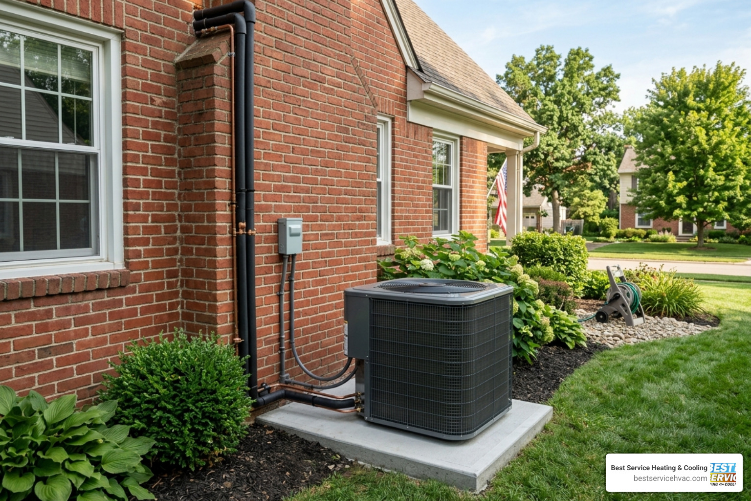 A high-efficiency outdoor HVAC unit installed neatly next to a brick home in Columbus - central air vs mini split for A high-efficiency outdoor HVAC unit installed neatly next to a brick home in Columbus - central air vs mini split for