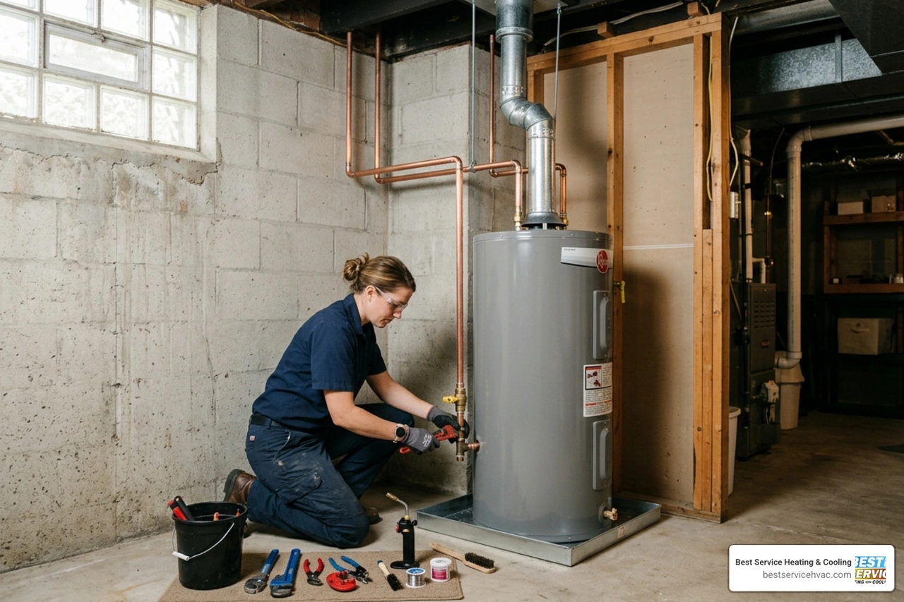Professional water heater installation in a Columbus basement with copper piping and proper venting - water heater buying Professional water heater installation in a Columbus basement with copper piping and proper venting - water heater buying