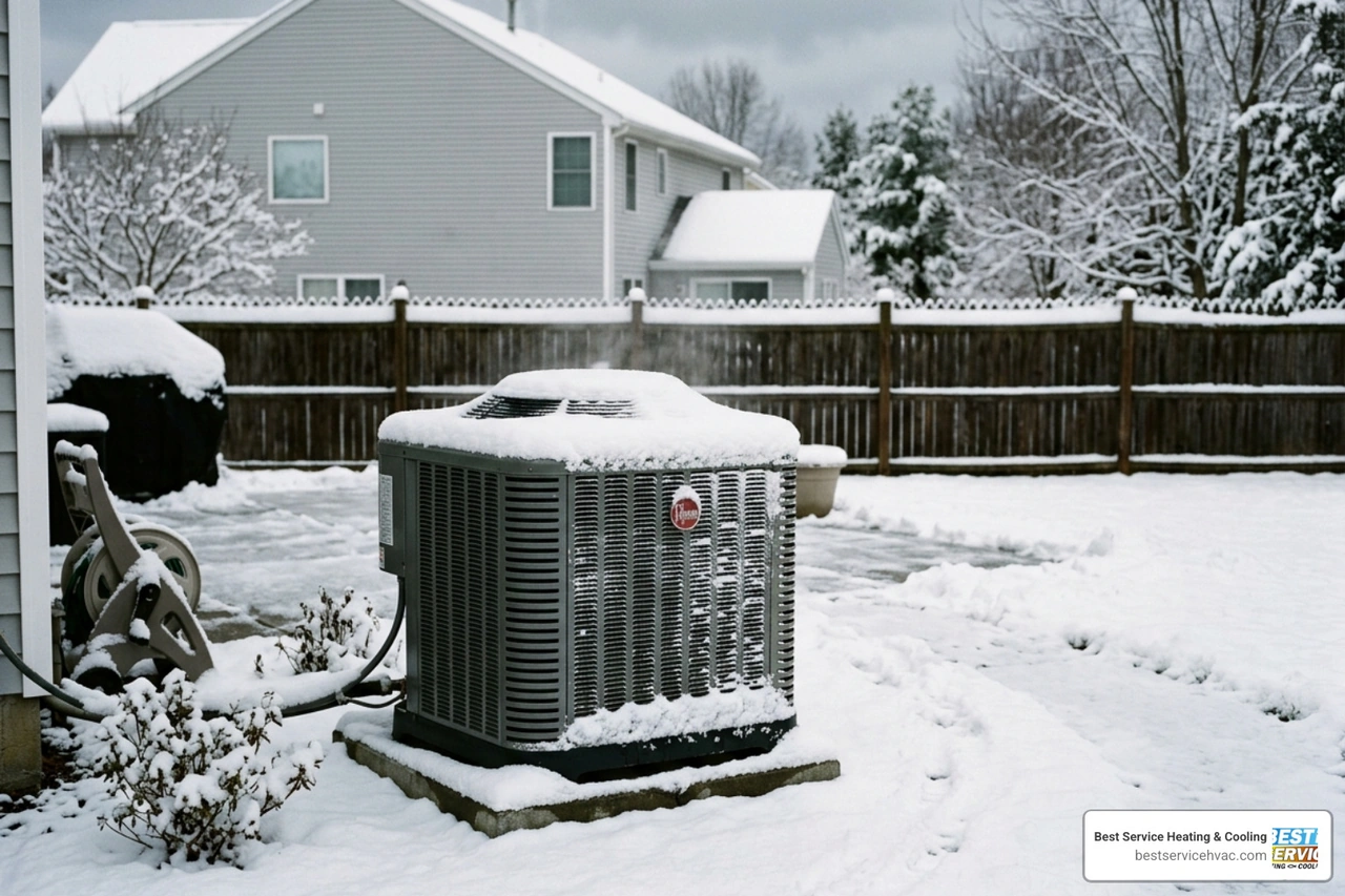 A snow-covered outdoor heat pump unit in a backyard - how central ohio climate affects your hvac system A snow-covered outdoor heat pump unit in a backyard - how central ohio climate affects your hvac system