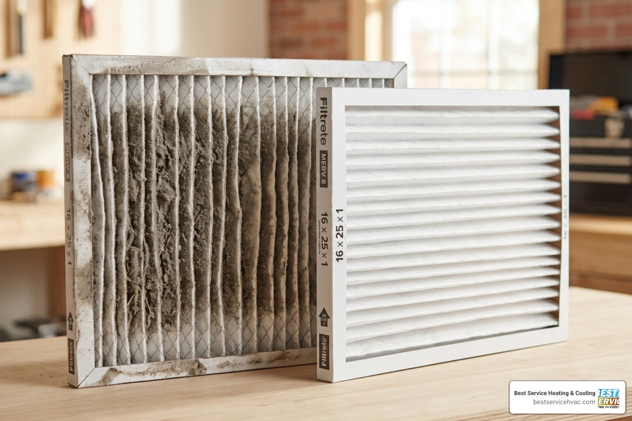 a heavily clogged air filter compared to a new clean one - how often should you change your hvac air filter