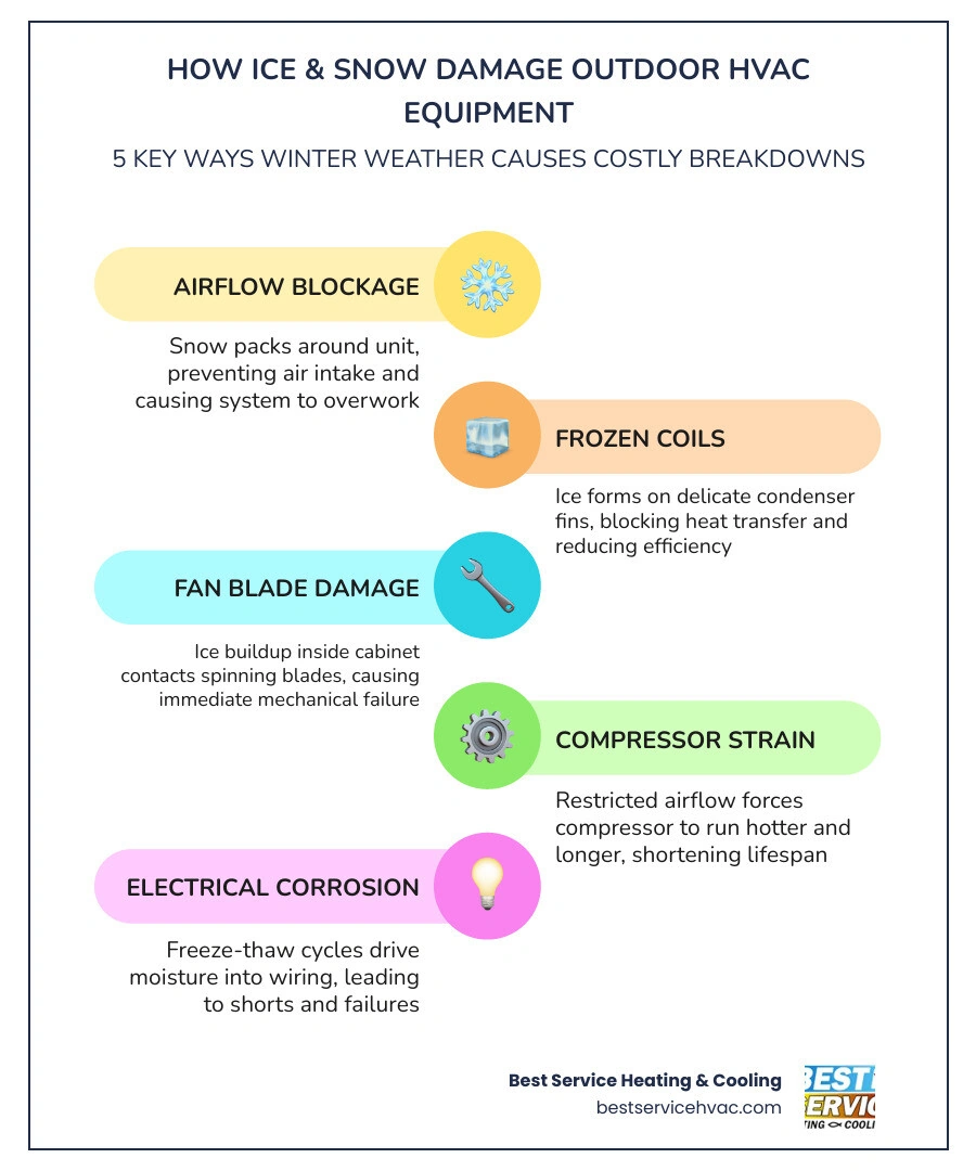 Infographic showing how snow and ice damage outdoor HVAC equipment: airflow blockage, frozen coils, fan damage, compressor