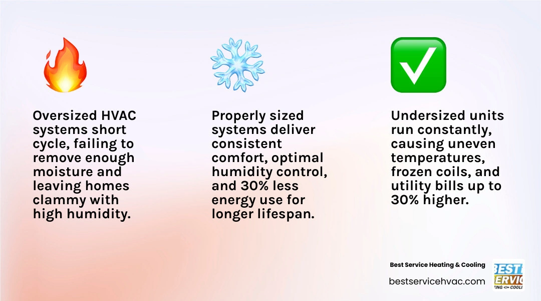 Infographic showing the Goldilocks principle of HVAC sizing - too big, too small, and just right effects - how proper hvac