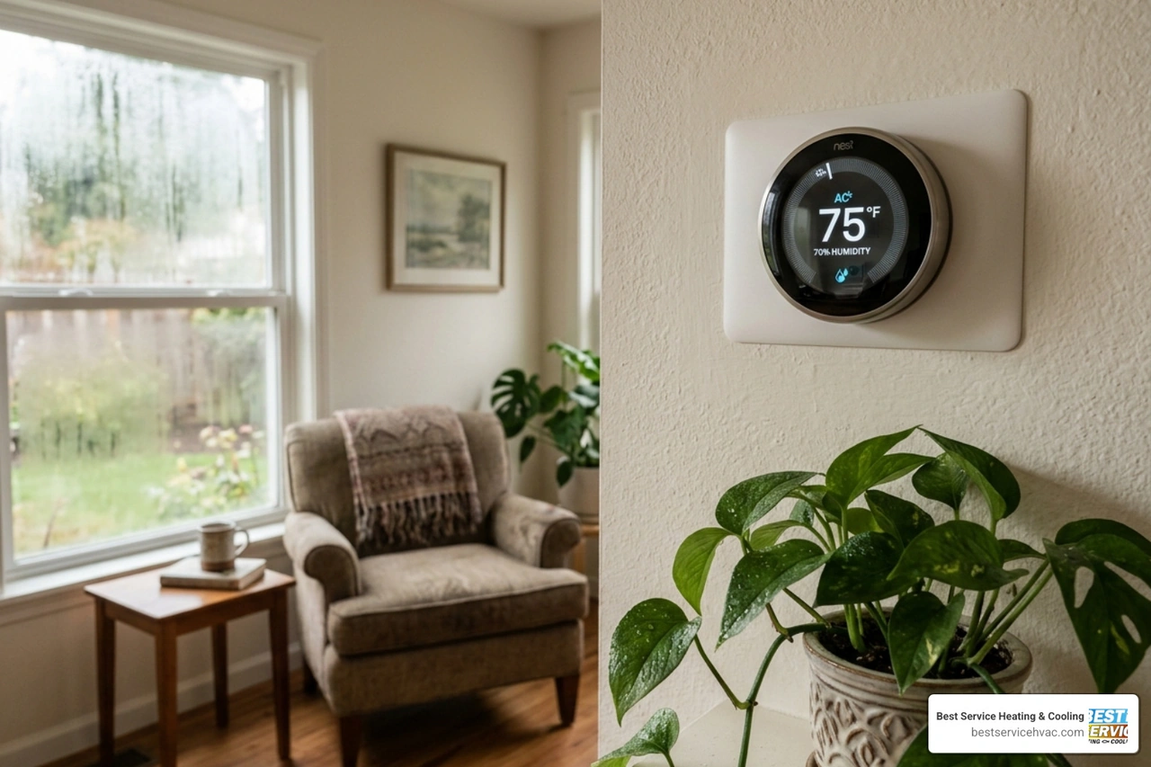 Thermostat in a humid room showing 75 degrees but 70 percent humidity - how proper hvac sizing affects comfort and efficiency