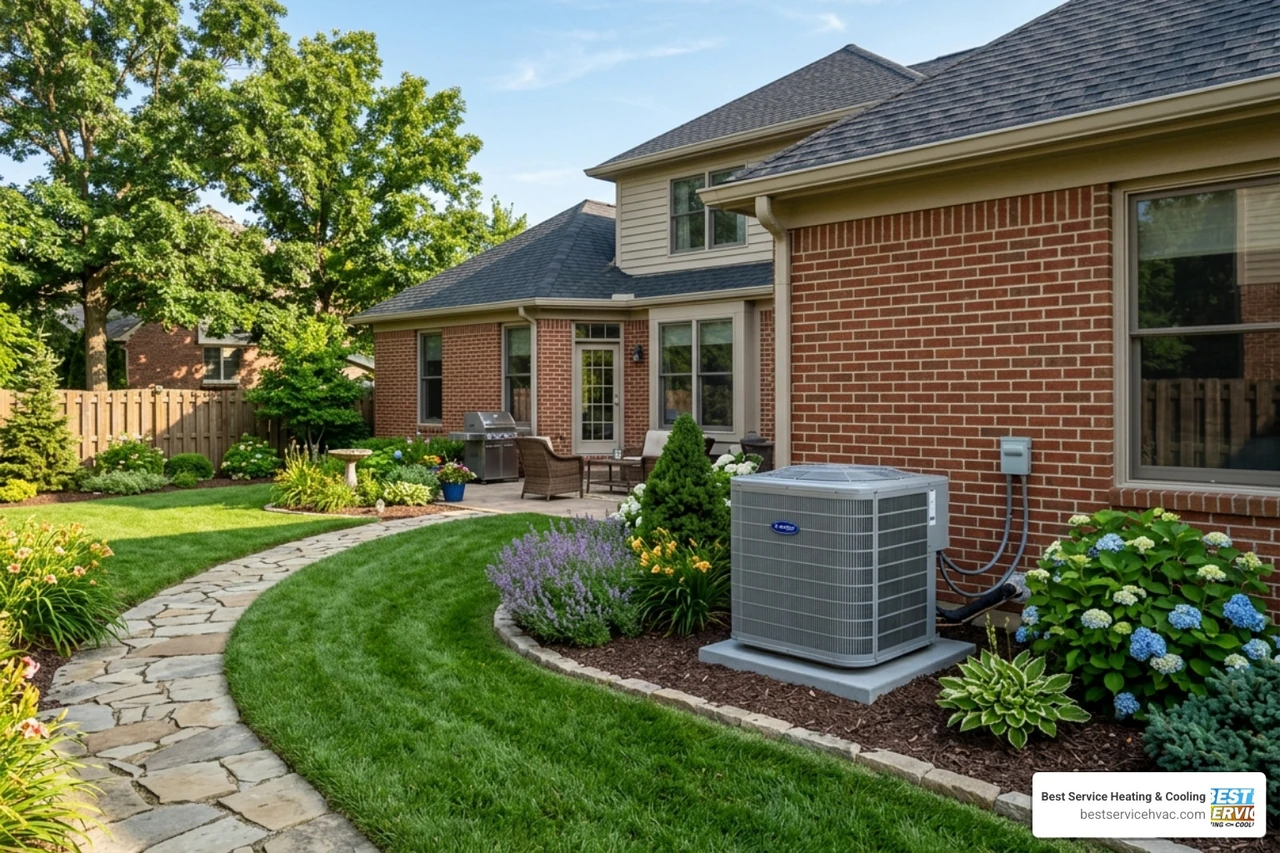 Modern outdoor AC unit in a beautifully landscaped Dublin, OH backyard - is an hvac maintenance plan worth it