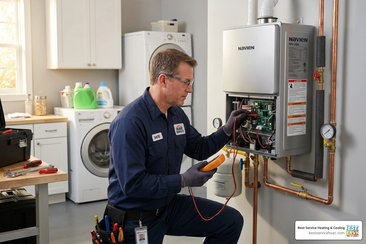 technician inspecting a tankless water heater - how long does a tankless water heater last