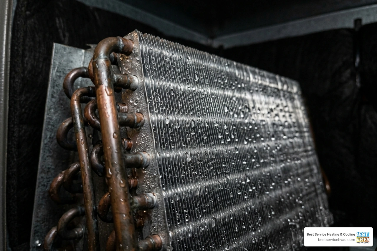 Condensation forming on a cold HVAC evaporator coil in a dark air handler unit - how proper hvac maintenance prevents mold