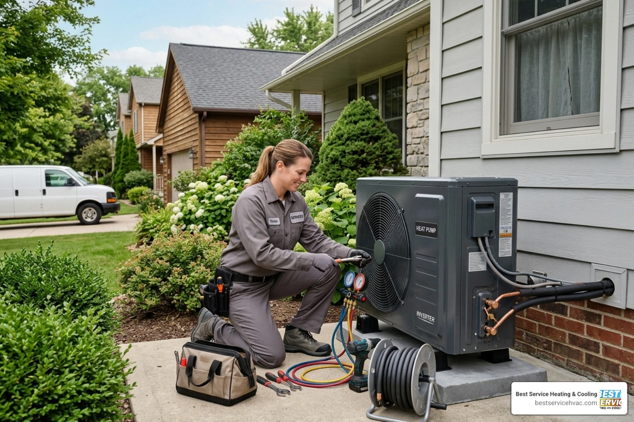 A professional technician installing a high-efficiency air source heat pump outside a residential home - ohio energy rebates
