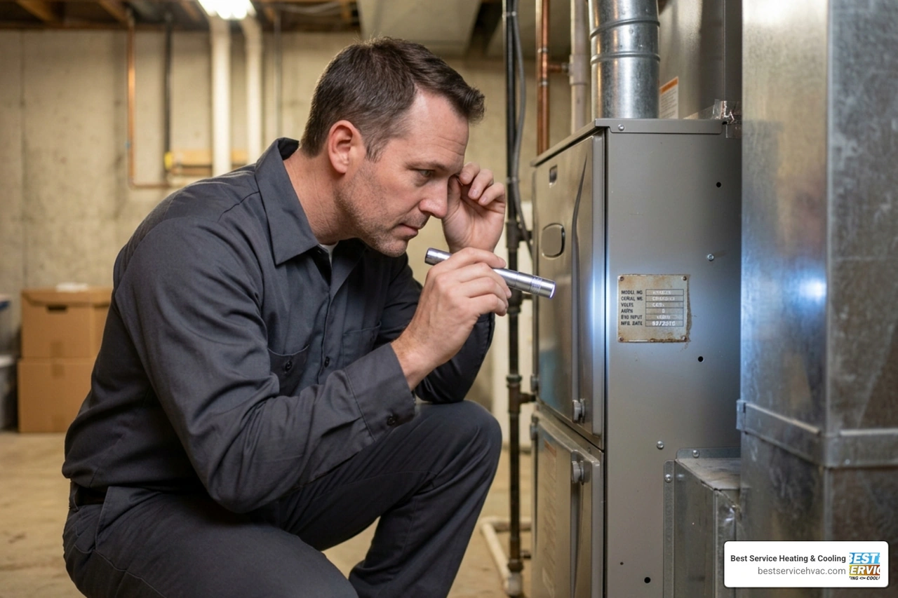 Technician in Columbus home checking the manufacture date on an HVAC nameplate