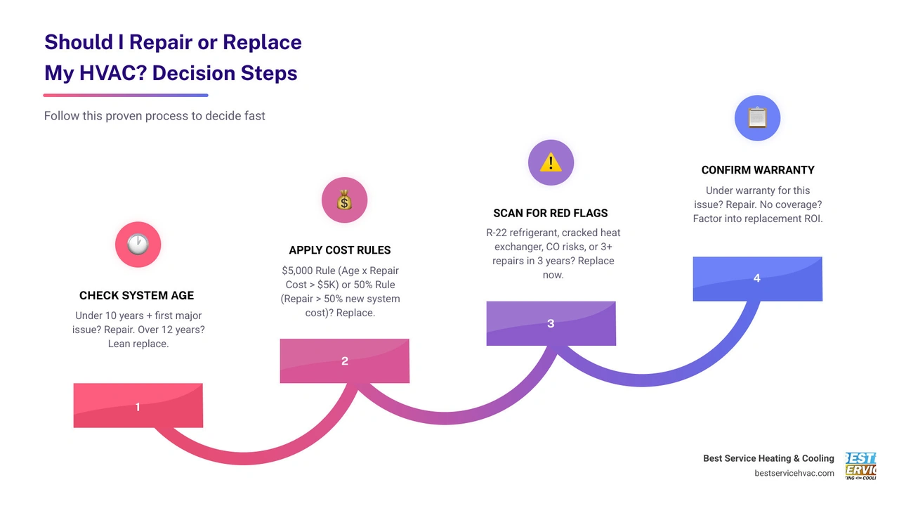 Repair vs replace HVAC decision tree infographic showing age, cost rules, safety flags, and efficiency thresholds infographic