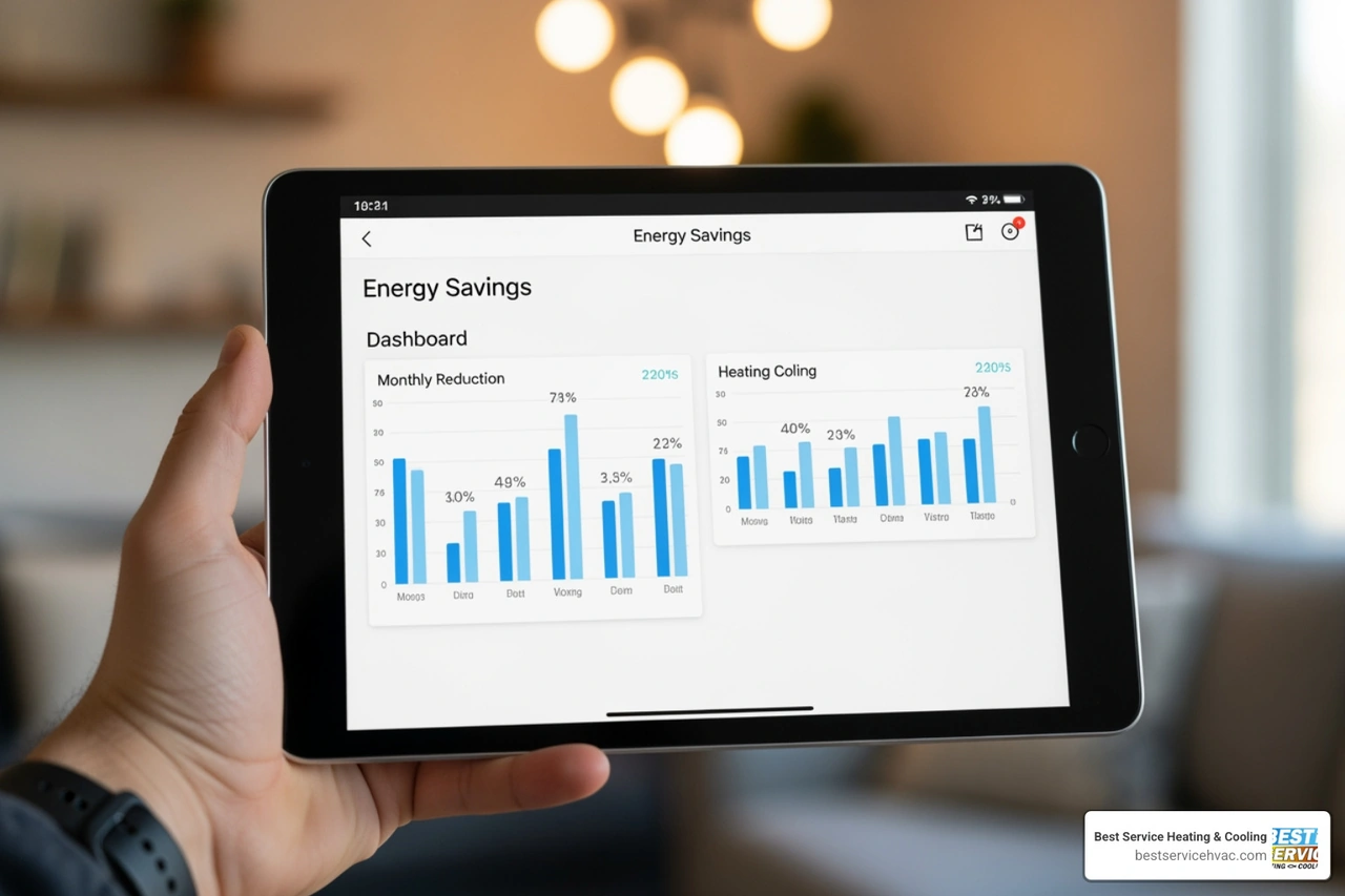 energy savings dashboard on a tablet showing monthly reduction in heating and cooling costs energy savings dashboard on a tablet showing monthly reduction in heating and cooling costs