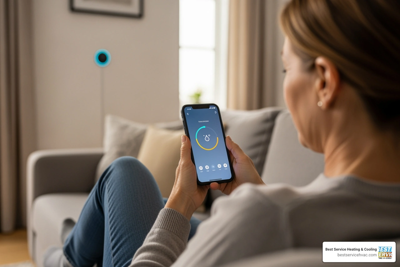 Homeowner using a smartphone to adjust home temperature remotely while sitting on a sofa Homeowner using a smartphone to adjust home temperature remotely while sitting on a sofa