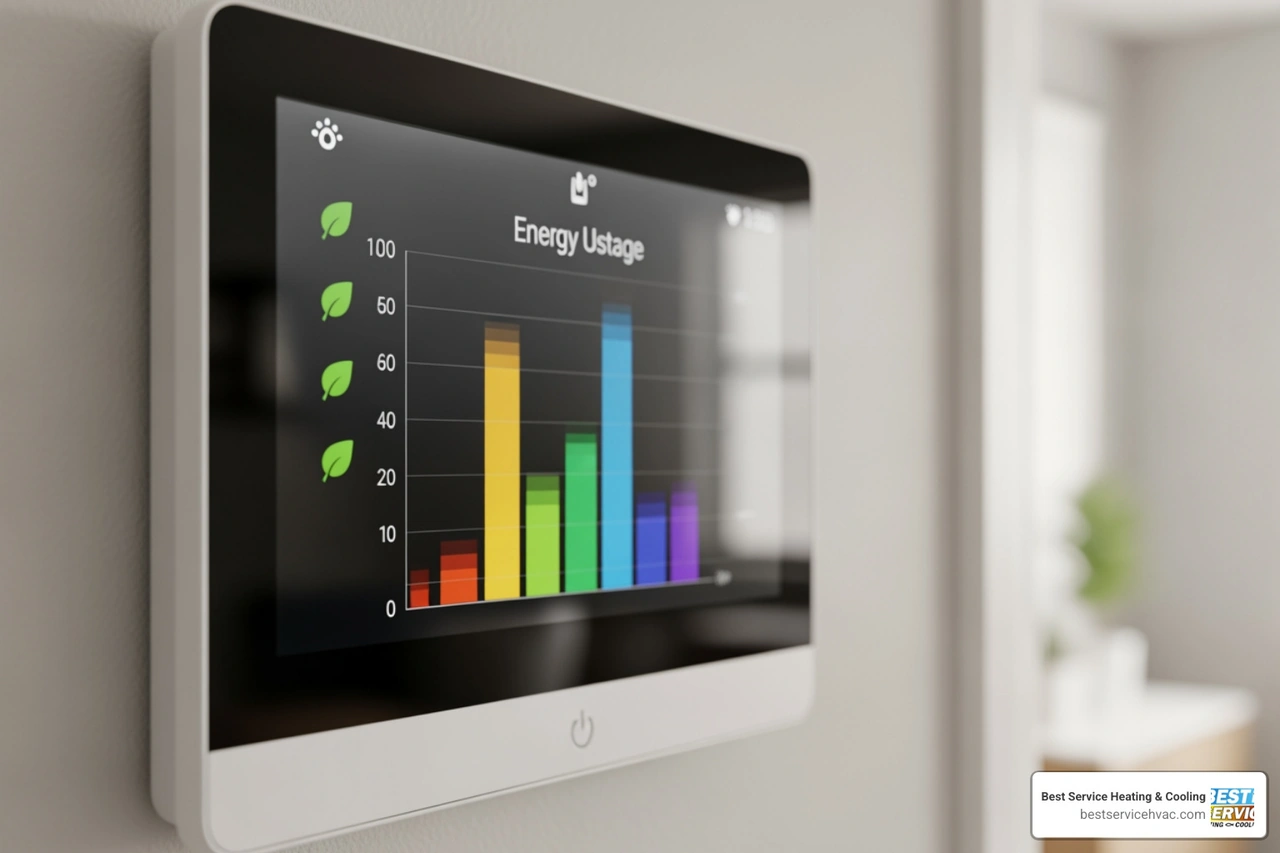 Digital display on a smart thermostat showing a detailed energy usage report with green leaf icons Digital display on a smart thermostat showing a detailed energy usage report with green leaf icons