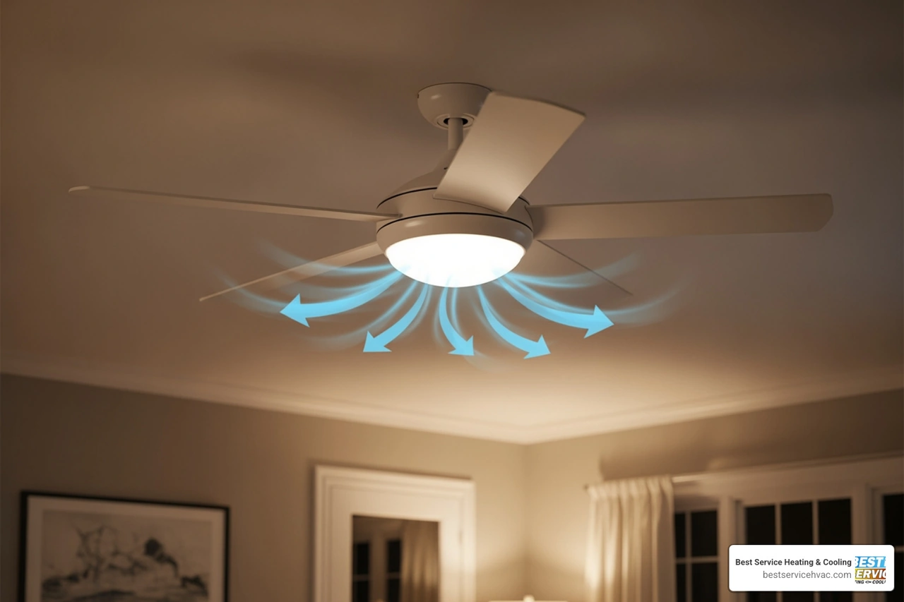 Ceiling fan in a modern living room showing the counterclockwise rotation for summer cooling