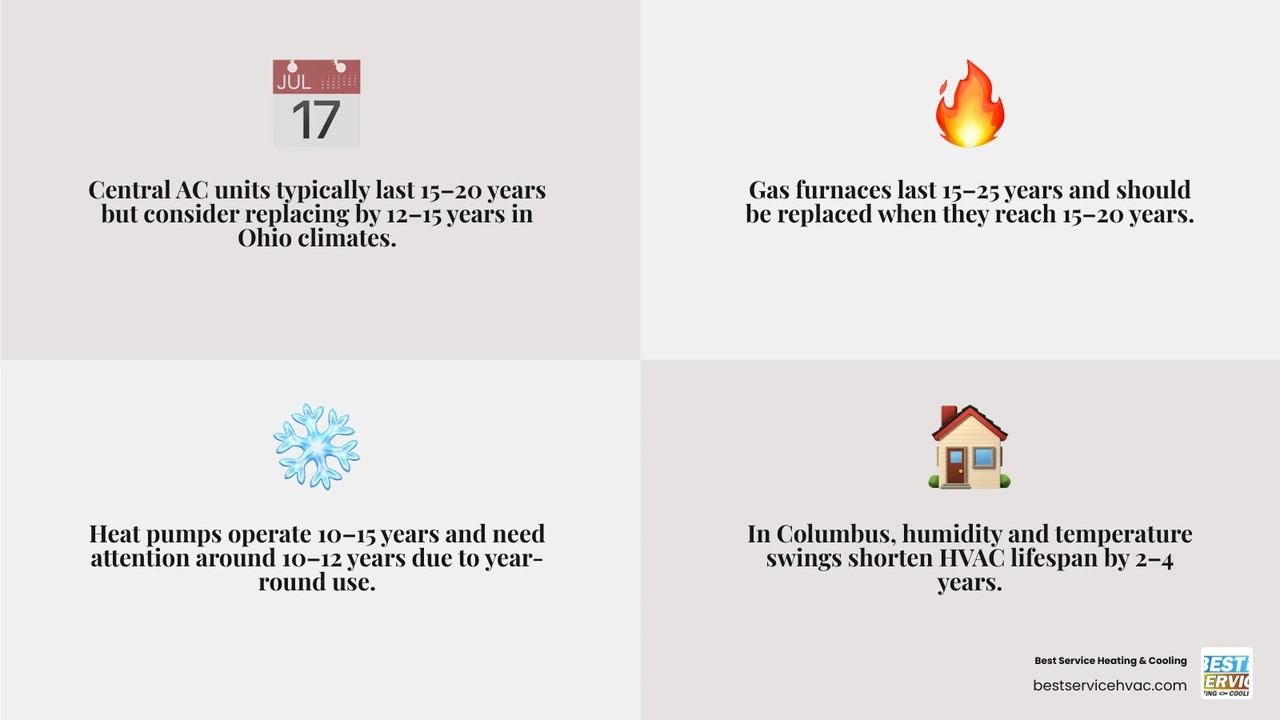Infographic showing average HVAC lifespan by system type with replacement age thresholds for Columbus Ohio homeowners